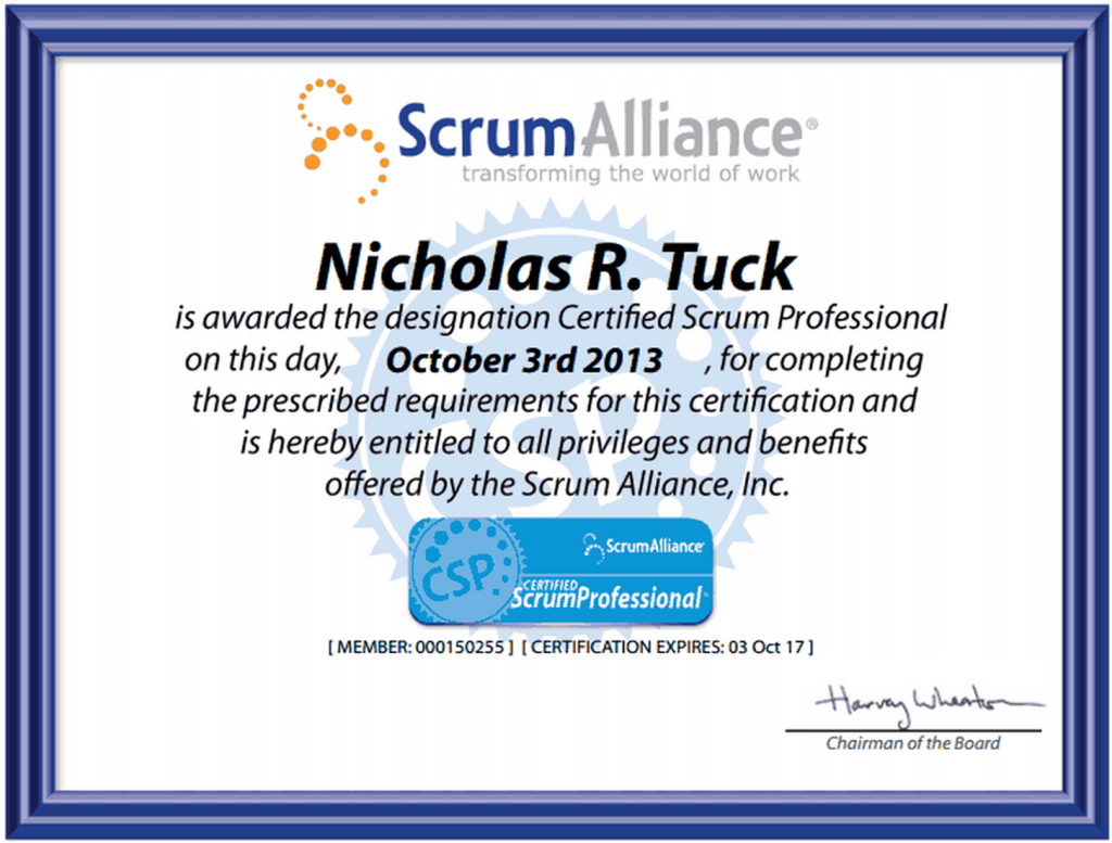 Nicholas Tuck Certified Scrum Professional Certificate